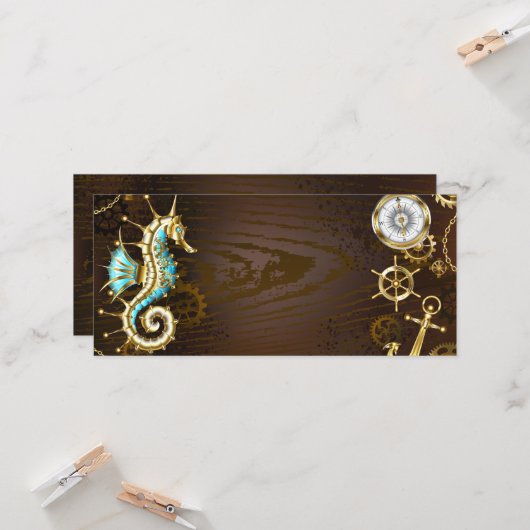 Achtergrond van hout met mechanische zeepaardjes kaart (Voorkant / Achterkant in situ)