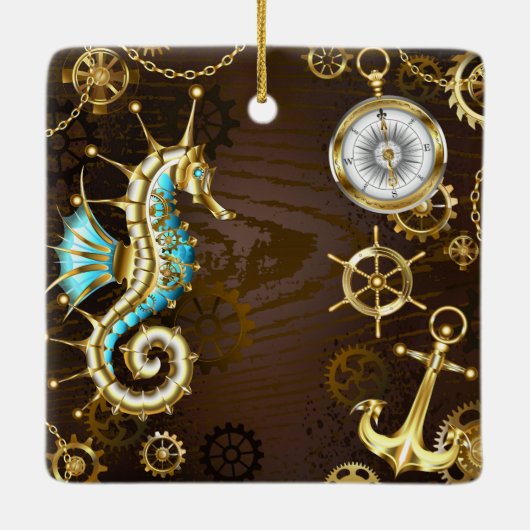 Achtergrond van hout met mechanische zeepaardjes keramisch ornament (Achterkant)