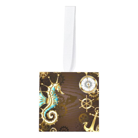 Achtergrond van hout met mechanische zeepaardjes kubus ornament (Voorkant)