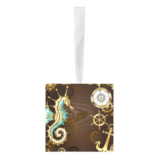 Achtergrond van hout met mechanische zeepaardjes kubus ornament (Rechts)