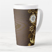 Achtergrond van hout met mechanische zeepaardjes latte mok (Rechterhoek)