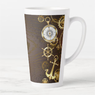 Achtergrond van hout met mechanische zeepaardjes latte mok