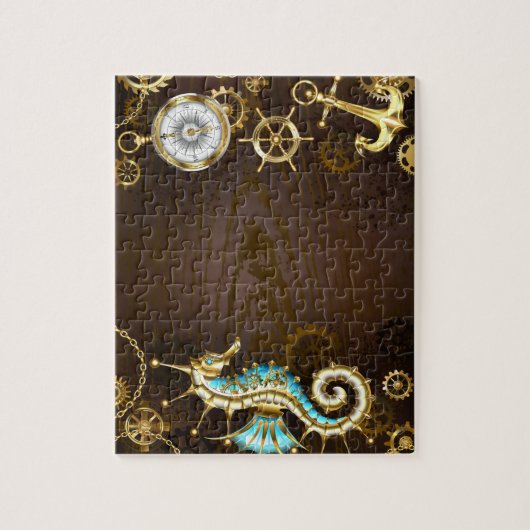 Achtergrond van hout met mechanische zeepaardjes legpuzzel (Verticaal)