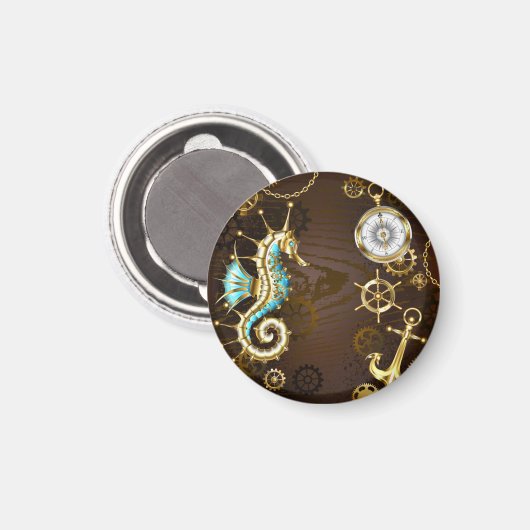 Achtergrond van hout met mechanische zeepaardjes magneet (Voorkant / Achterkant)