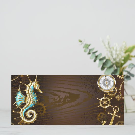 Achtergrond van hout met mechanische zeepaardjes menu (Staand voorkant)