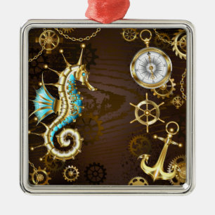Achtergrond van hout met mechanische zeepaardjes metalen ornament