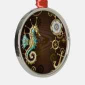 Achtergrond van hout met mechanische zeepaardjes metalen ornament (Rechts)