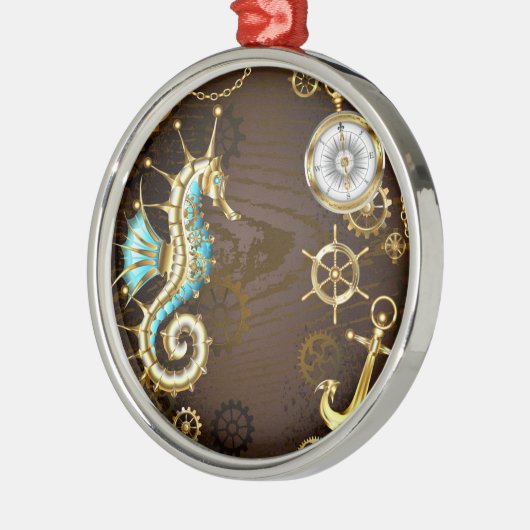 Achtergrond van hout met mechanische zeepaardjes metalen ornament (Links)