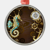 Achtergrond van hout met mechanische zeepaardjes metalen ornament (Voorkant)