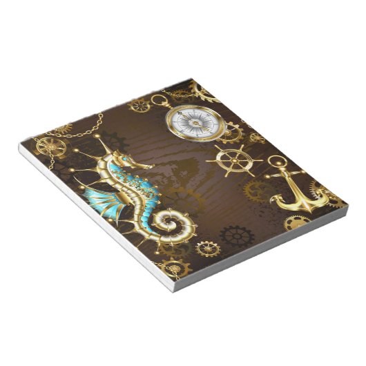 Achtergrond van hout met mechanische zeepaardjes notitieblok (Schuin)