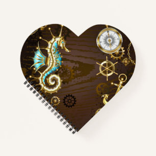 Achtergrond van hout met mechanische zeepaardjes notitieboek