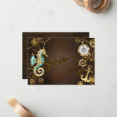 Achtergrond van hout met mechanische zeepaardjes notitiekaartje (Voorkant / Achterkant in situ)