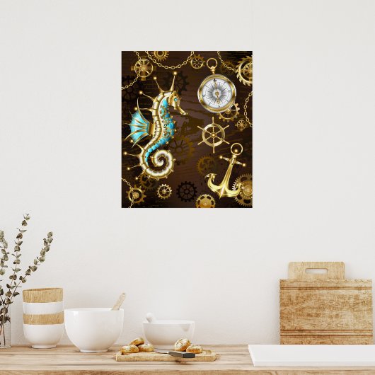 Achtergrond van hout met mechanische zeepaardjes poster (Keuken)