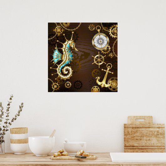 Achtergrond van hout met mechanische zeepaardjes poster (Keuken)