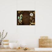 Achtergrond van hout met mechanische zeepaardjes poster (Keuken)