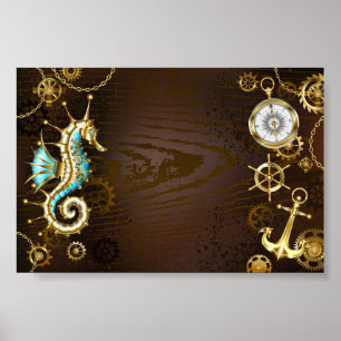 Achtergrond van hout met mechanische zeepaardjes poster