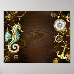 Achtergrond van hout met mechanische zeepaardjes poster
