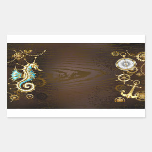 Achtergrond van hout met mechanische zeepaardjes rechthoekige sticker