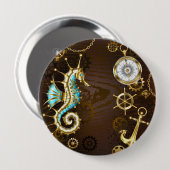 Achtergrond van hout met mechanische zeepaardjes ronde button 4,0 cm (Voorkant /achterkant)