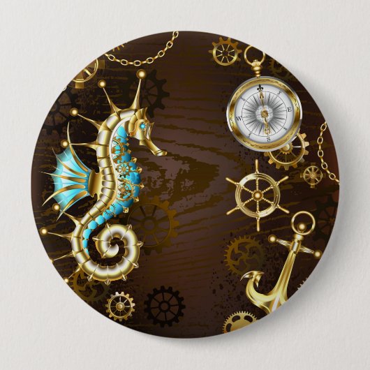 Achtergrond van hout met mechanische zeepaardjes ronde button 4,0 cm (Voorkant)