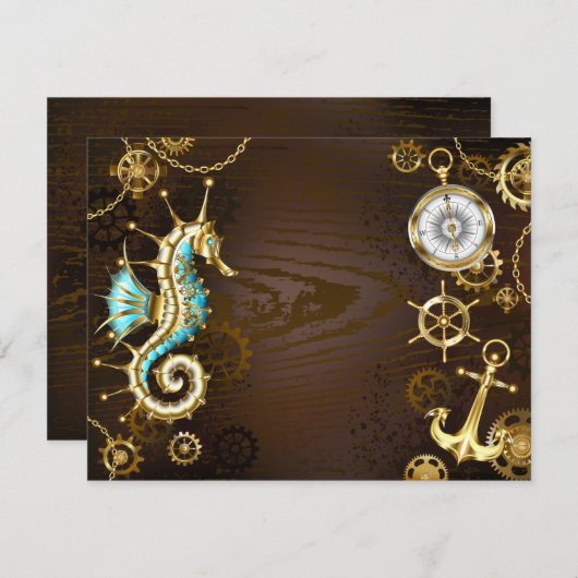 Achtergrond van hout met mechanische zeepaardjes save the date (Voorkant / Achterkant)