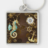 Achtergrond van hout met mechanische zeepaardjes sleutelhanger (Voorkant)