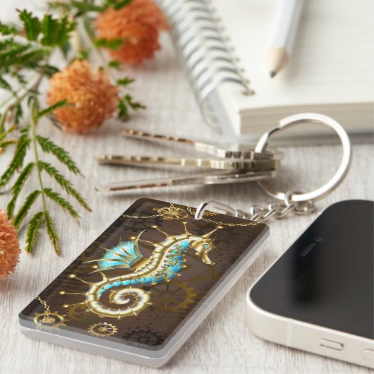 Achtergrond van hout met mechanische zeepaardjes sleutelhanger (Voorkant Rechts)