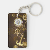 Achtergrond van hout met mechanische zeepaardjes sleutelhanger (achterkant)