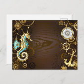 Achtergrond van hout met mechanische zeepaardjes uitnodiging briefkaart (Voorkant / Achterkant)