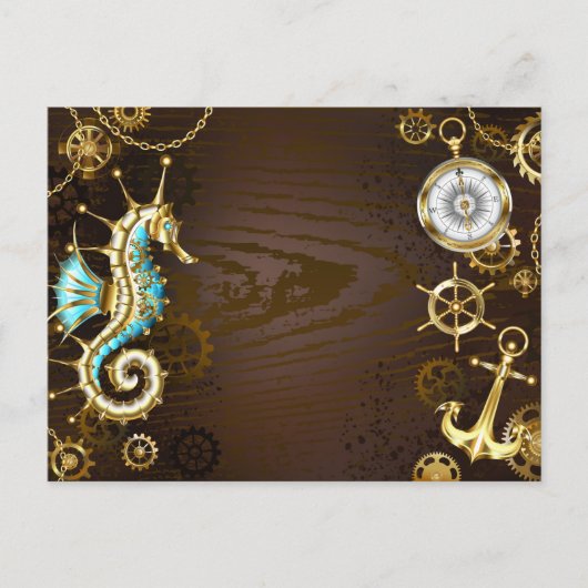 Achtergrond van hout met mechanische zeepaardjes uitnodiging briefkaart (Voorkant)