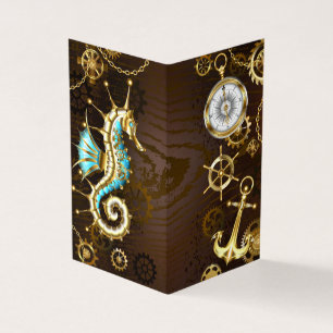 Achtergrond van hout met mechanische zeepaardjes visitekaartjes