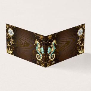 Achtergrond van hout met mechanische zeepaardjes visitekaartjes