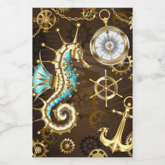 Achtergrond van hout met mechanische zeepaardjes voedselcontainer etiket (Enkel label)