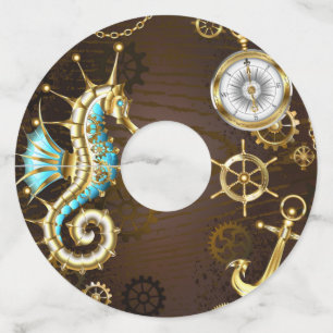 Achtergrond van hout met mechanische zeepaardjes wijnglaslabel