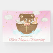 Achtergrond van roze Noah's Ark Christening Spandoek (Horizontaal)