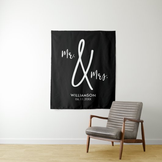 Achtergrond zwart-wit bruiloft Mr. & Mrs Custom Wandkleed (In situ)