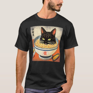 Achterkant Japanse Zwarte Kat in Een Kom Ramen Ca T-shirt