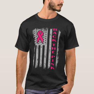 Achterkant roze lint Amerikaanse vlag borstkanker T-shirt
