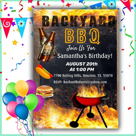 Achterwerf Flaming BBQ Grill Birthday Uitnodiging