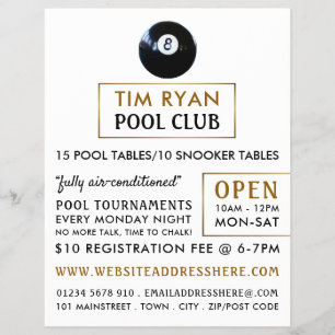 Achtste bal, poolclub, Snooker Club Adverteren Flyer