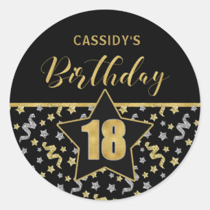 Achttiende Verjaardag Zwart en Goud Confetti Ronde Sticker