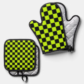 Acid green black checkerboard pattern ovenwant & pannenlap set (Voorkant / Achterkant)