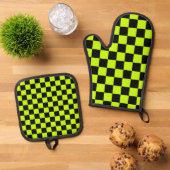 Acid green black checkerboard pattern ovenwant & pannenlap set (Top down)