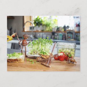 Acorn elf oogst groene kruiden in de keuken briefkaart