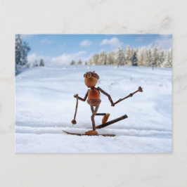 Acorn elf skiën op het sneeuwwinterbriefkaart briefkaart