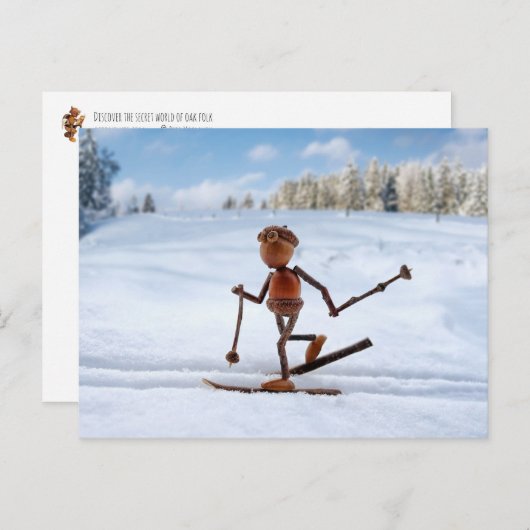 Acorn elf skiën op het sneeuwwinterbriefkaart briefkaart (Voorkant / Achterkant)