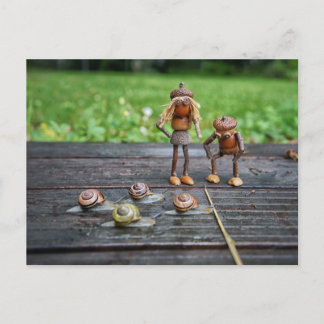 Acorn elfen kijken naar de slak races - grappig briefkaart