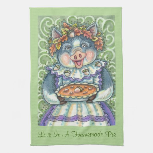 ACORN & SQUASH PIE, THANKSGIVING PIG KITCHEN TOWEL THEEDOEK (Verticaal)