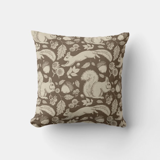 Acorn Squirrel Floral Taupe Ecru Pillow Kussen (Voorkant)