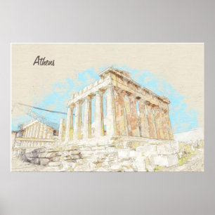 Acropolis Hill in Athene, Griekenland – Vintage Tr Poster